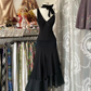 Elegant Black Straps Ruffles Vintage Long Party Dress, DP3621