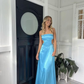 Blue Strapless A-Line Satin Long Party Dress Wedding Guest Dress, DP3698