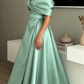Elegant Sage Green Satin Off-the-Shoulder A-Line Evening Gown DP8561