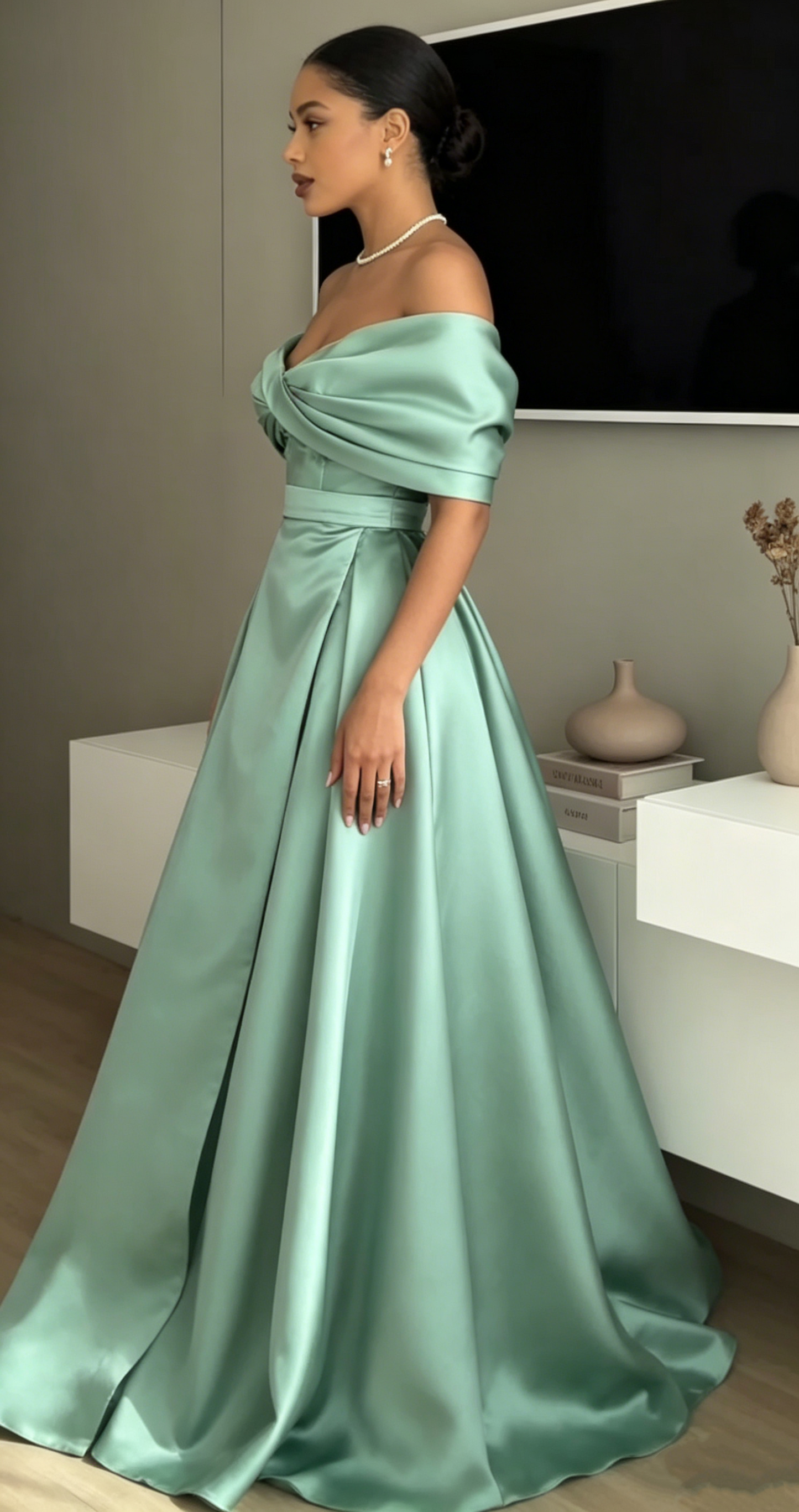 Elegant Sage Green Satin Off-the-Shoulder A-Line Evening Gown DP8561