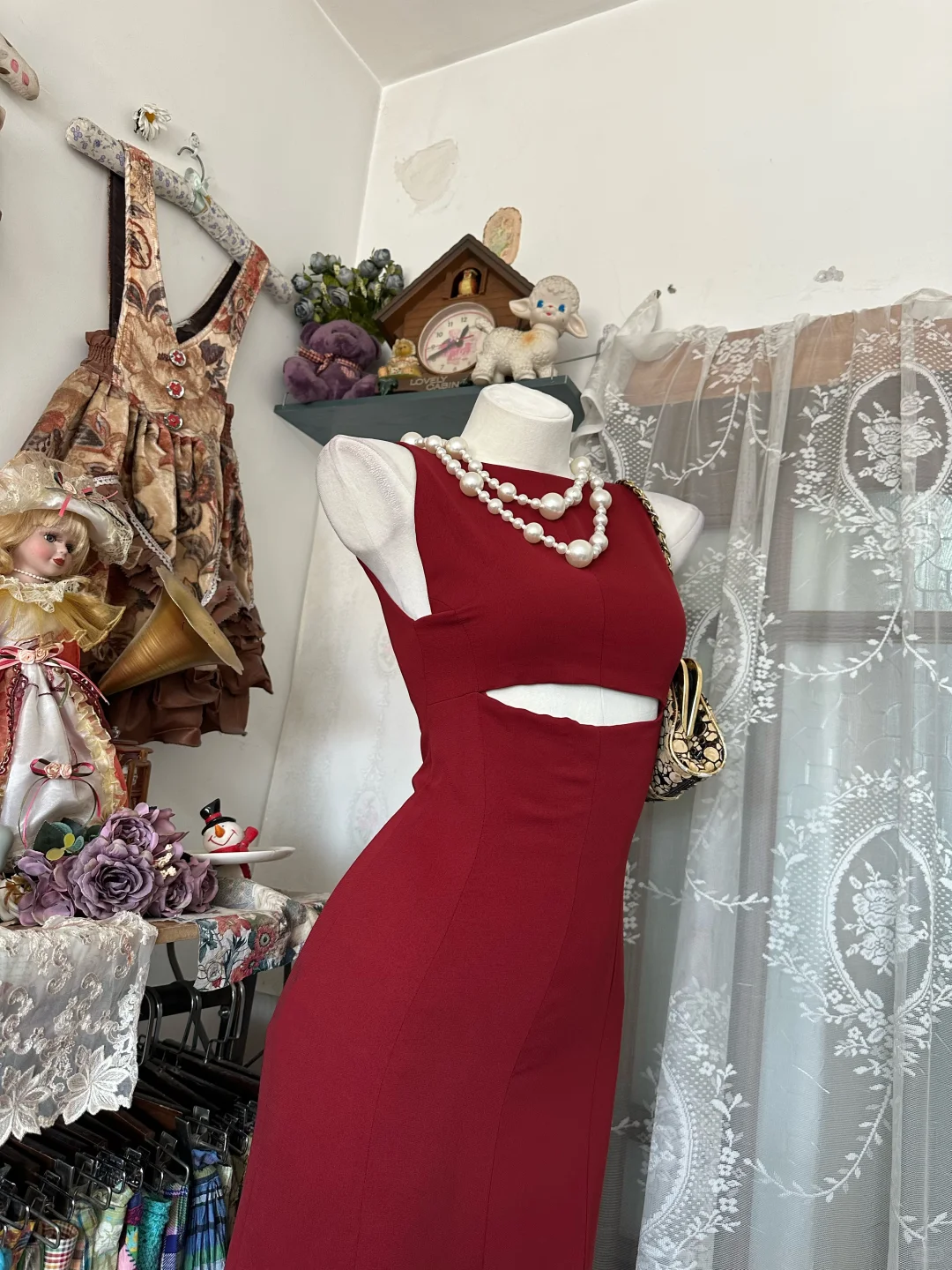 Vintage Red Cutout Waist Mermaid Evening Dress High Slit Prom Dress DP8320