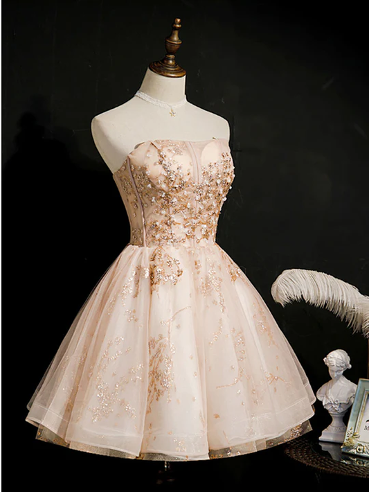 Vintage Champagne Applique Beaded Strapless Design A-line Tulle Party Dress Homecoming Dress DP6063