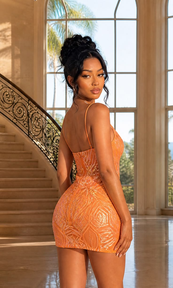 Elegant Orange Sequin Spaghetti Strap Bodycon Mini Homecoming Dress DP8701