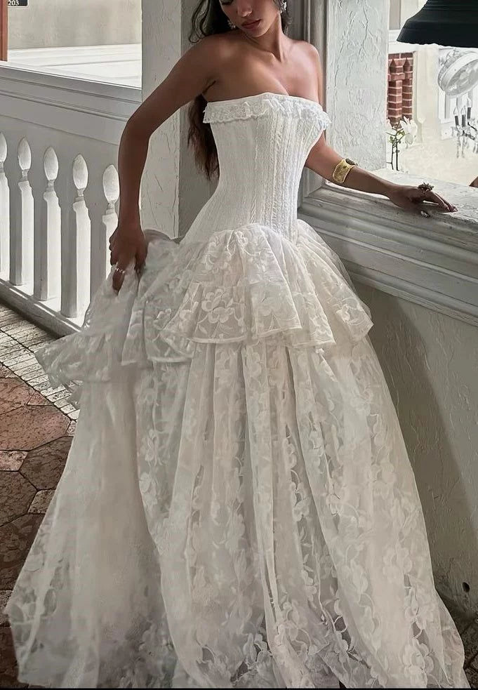 Romantic Strapless Corset Tiered Lace Floral A-Line Wedding Dress DP8617