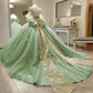 Robe de bal de quinceañera vert menthe glamour, ornée d'appliques papillon 3D en perles et d'un corset à épaules dénudées DP7139