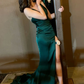 Green V Neck Backless Satin Long Evening Party Dress with Slit, DP3699