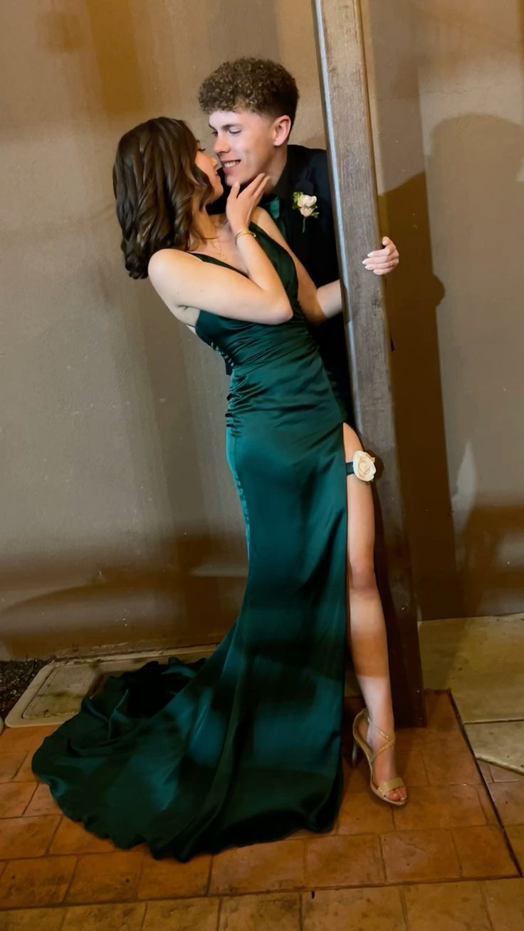 Green V Neck Backless Satin Long Evening Party Dress with Slit, DP3699