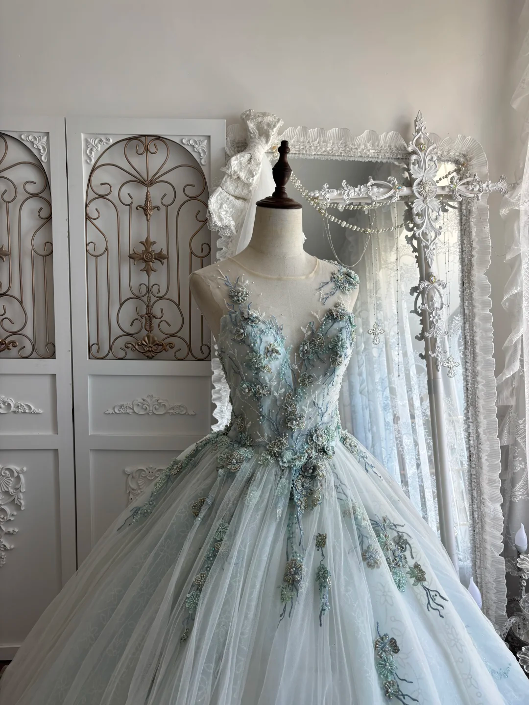 Elegant Light Blue Beaded Lace Sheer Neck Ball Gown DP8294