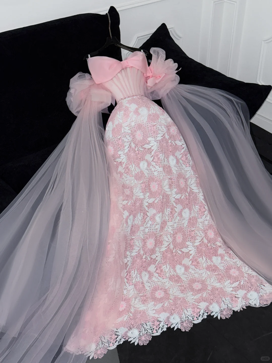 Vintage Pink Applique Bow Design A-Line Prom Dress Evening Dress DP6223