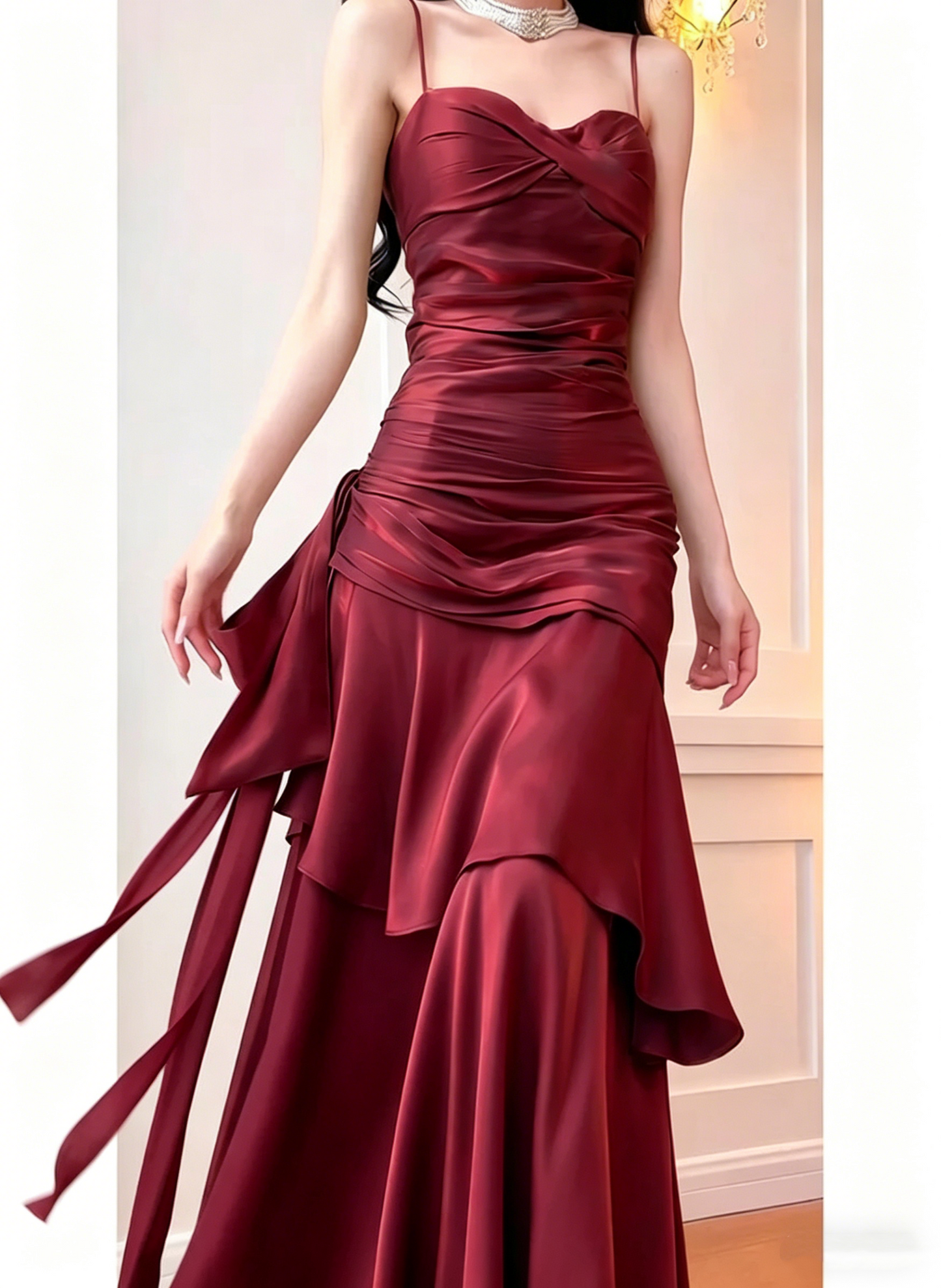 Gorgeous Spaghetti Strap Ruched Satin Mermaid Evening Gown Ruffle Formal Prom Dress DP2931