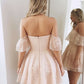 Vintage Pink Off-the-Shoulder Lace Ruffle A-Line Homecoming Dress DP8498