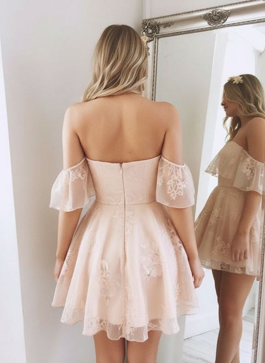 Vintage Pink Off-the-Shoulder Lace Ruffle A-Line Homecoming Dress DP8498