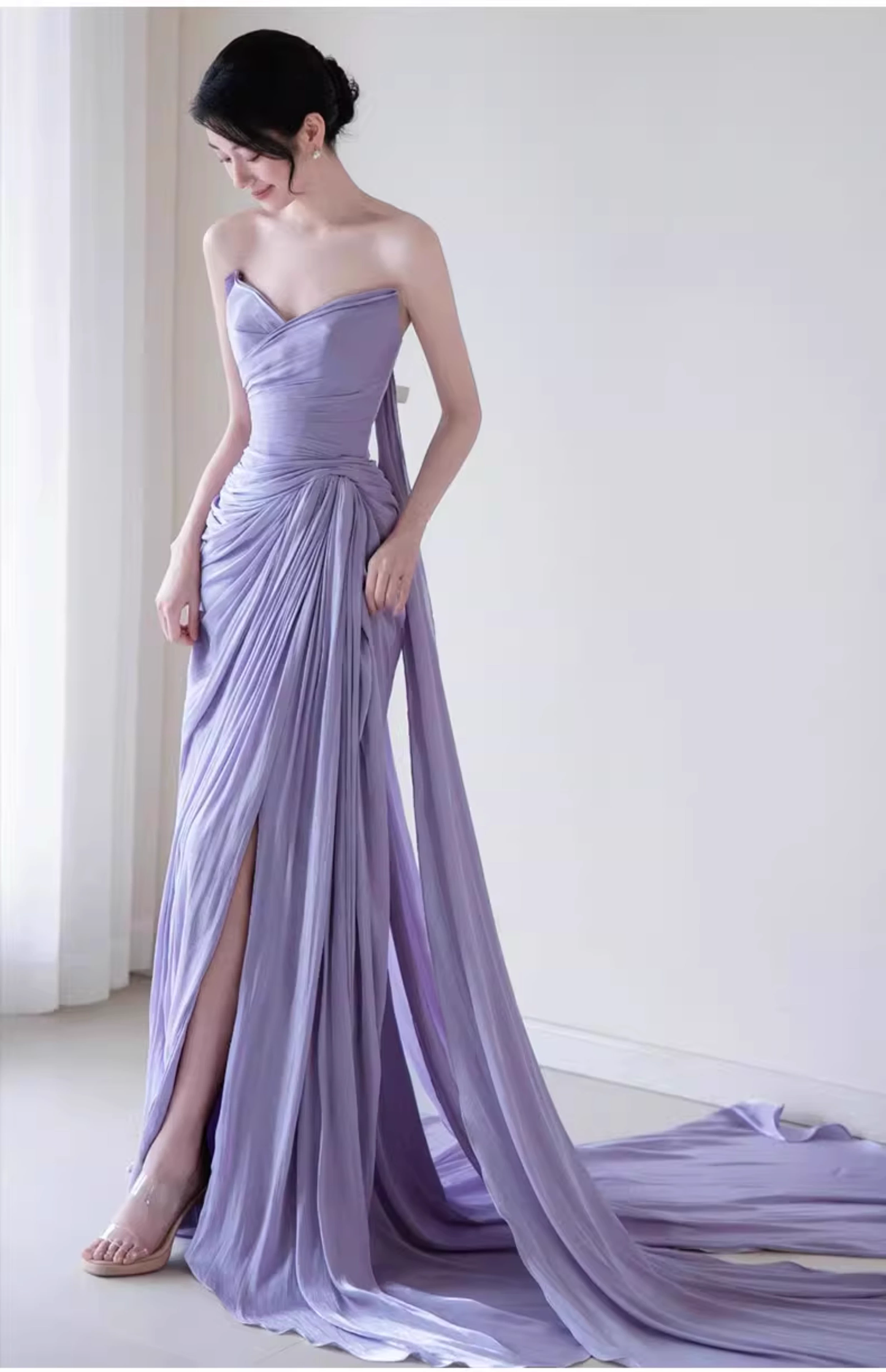 Ethereal Lilac Strapless Prom Dress Sheath High Slit Pleated Evening Gown DP7096