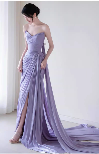 Ethereal Lilac Strapless Prom Dress Sheath High Slit Pleated Evening Gown DP7096