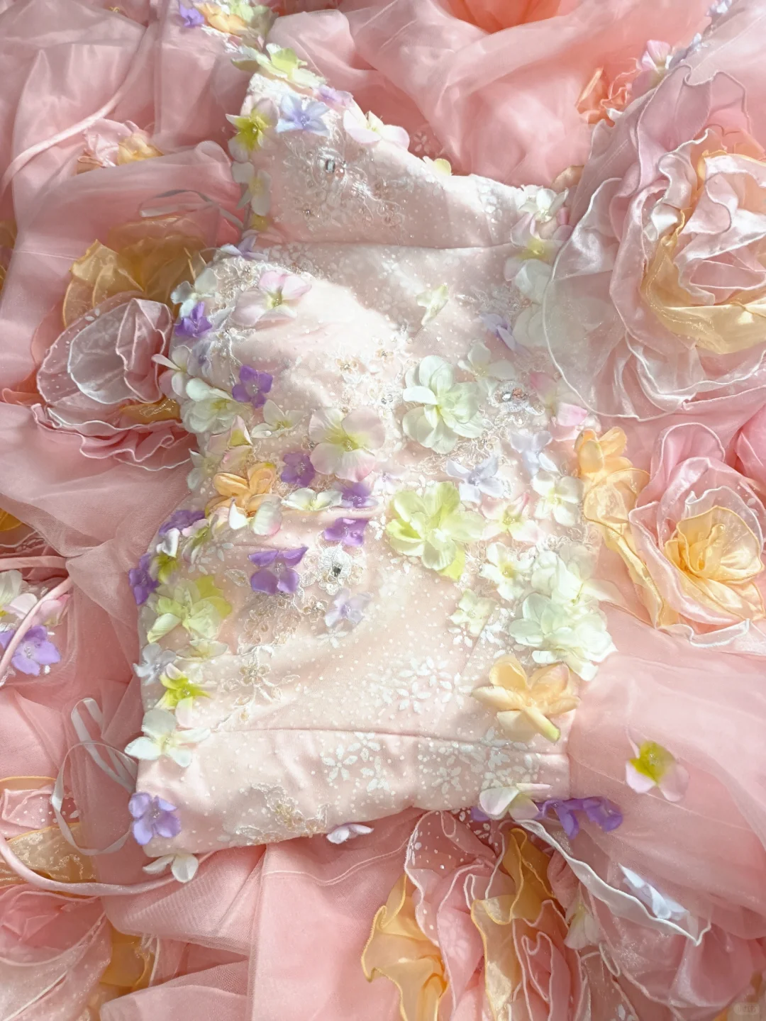 Glamorous Pastel Rainbow 3D Floral Strapless Pink Ruffled Princess Sweet 16 Quinceanera Ball Gown DP7548