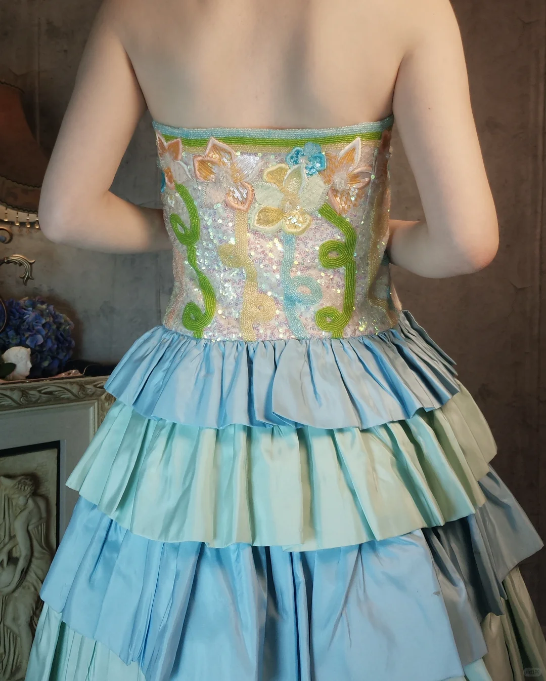 Retro Colorful Strapless Floral Design A-line Short Tiered Homecoming Dress  DP6059