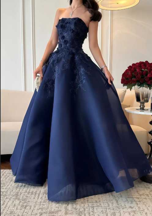 Elegant Navy Blue Applique Bedaed Sweet 16 Quinceanera A-Line Strapless Evening Dress Long Ball Gown DP6948