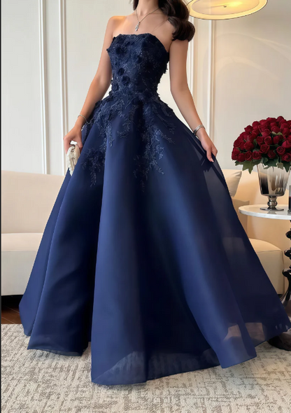 Elegant Navy Blue Applique Bedaed Sweet 16 Quinceanera A-Line Strapless Evening Dress Long Ball Gown DP6948