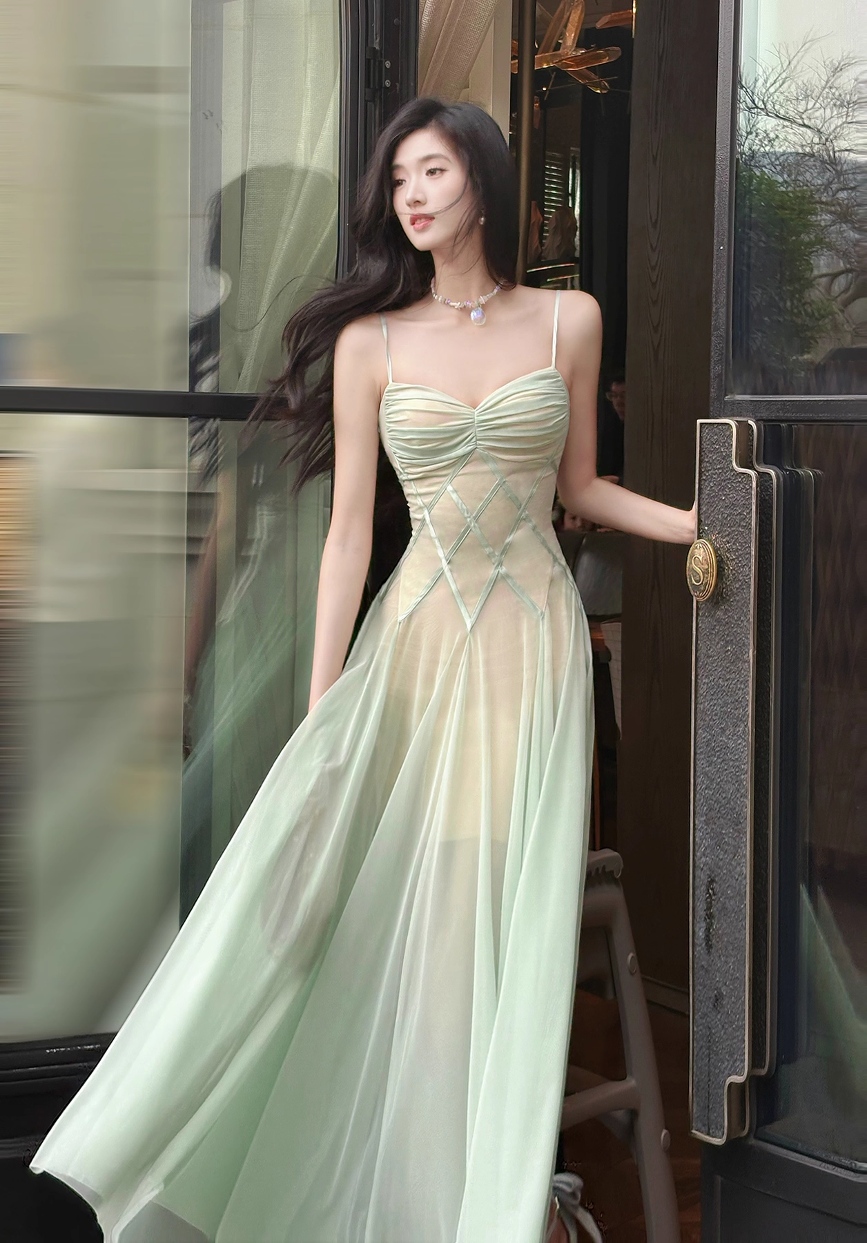 Robe de bal vintage en mousseline de soie vert sauge, coupe trapèze, bretelles spaghetti, robe de soirée longue, robe formelle DP6699