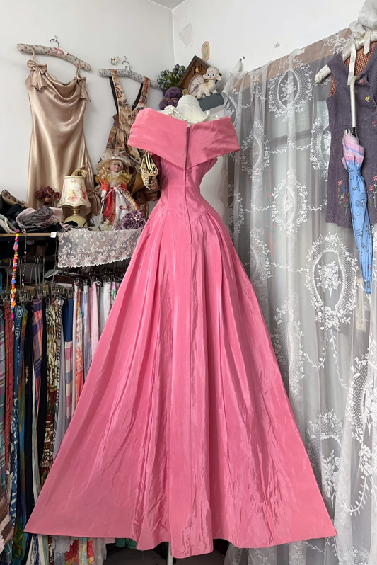 Vintage Pink Off-the-Shoulder Prom Gown Bow A-Line Formal Evening Dress DP8327