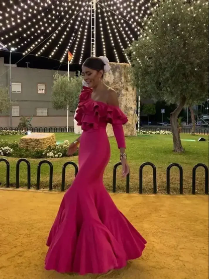 Fuchsia Long Sleeves Ruffle Mermaid Formal Evening Dress, DP2620