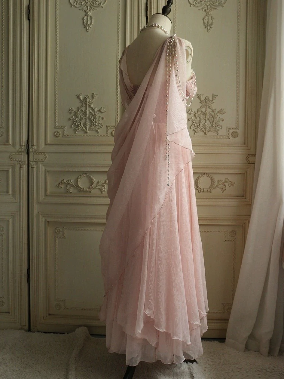 Stunning Pink Straps A-Line Lace Chiffon Long Formal Party Dress, DP3700