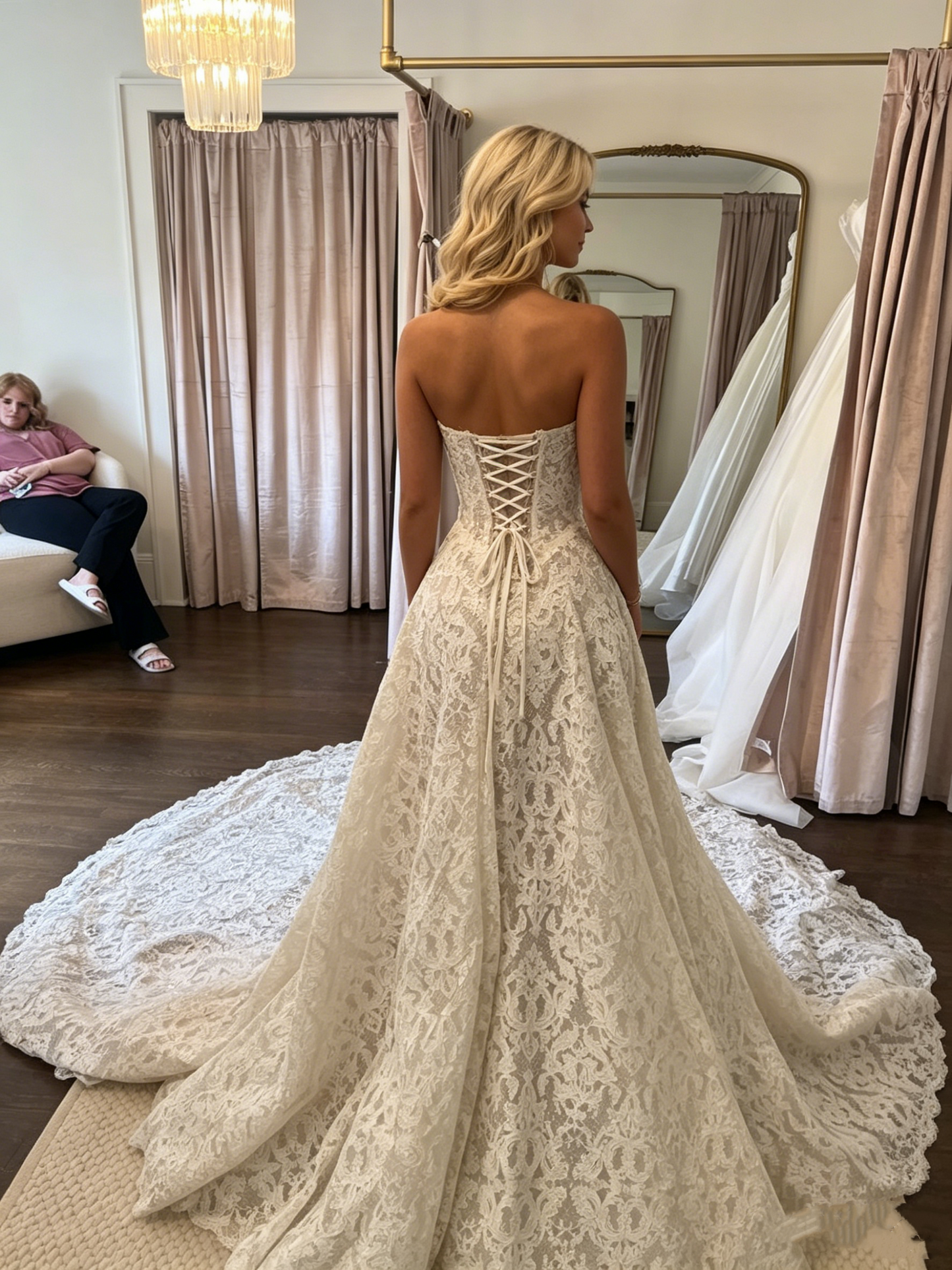 Robe de mariée bustier en dentelle coupe A ivoire romantique col cœur traîne chapelle DP8612
