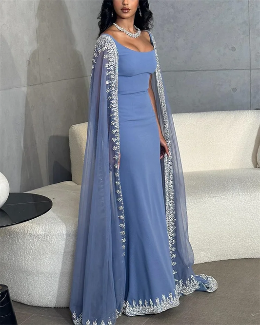 Dusty Blue Mermaid Appliques Beading Long Party Dress with Cape Sleeves,DP500