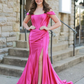 Magenta Satin Off-the-Shoulder Mermaid Long Formal Dress with Slit,DP050