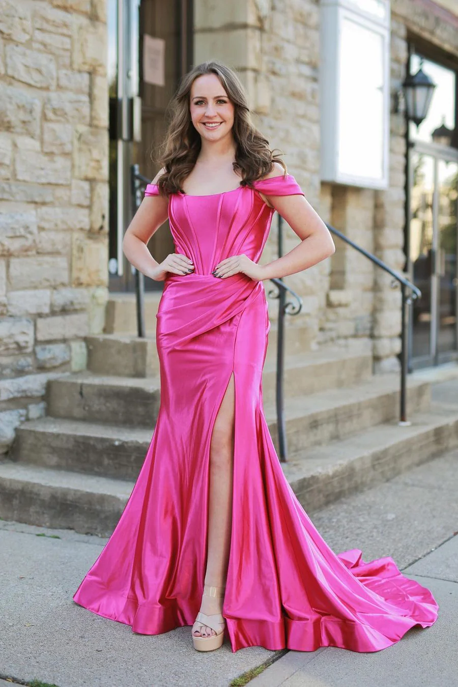 Magenta Satin Off-the-Shoulder Mermaid Long Formal Dress with Slit,DP050