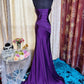Elegant Purple Satin Mermaid Spaghetti Strap Sweetheart Ruched Bodice Beaded Floral Sweep Train Prom Dress DP8656