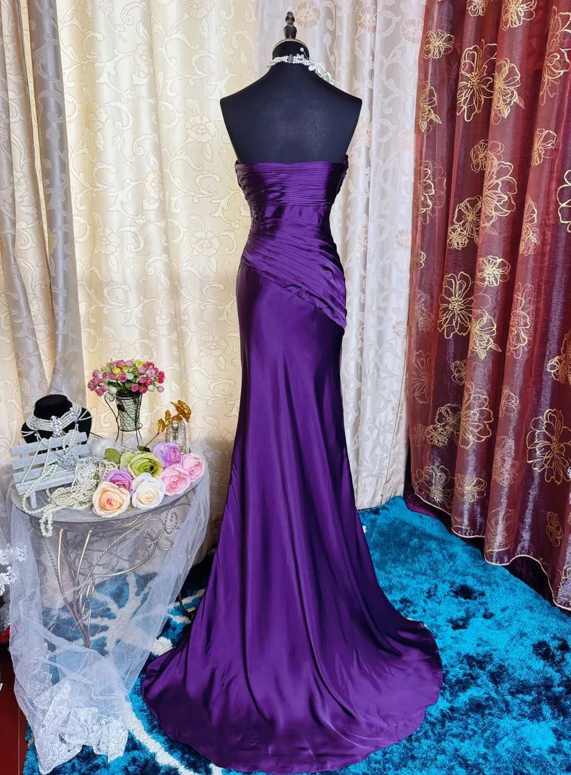 Elegant Purple Satin Mermaid Spaghetti Strap Sweetheart Ruched Bodice Beaded Floral Sweep Train Prom Dress DP8656