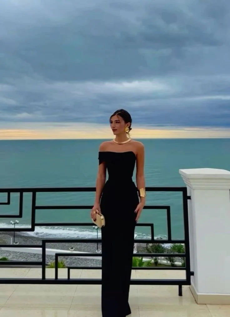 Elegant Black Asymmetric One-Shoulder Floor-Length Sheath Prom Dress DP8487