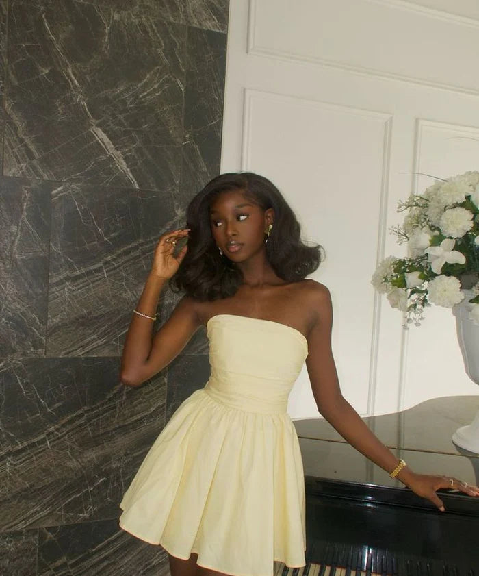 Vintage Faint Yellow Strapless A-Line Homecoming Dress Party Dress Cocktail Dress DP6681
