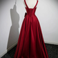 Red Satin Long Prom Dress with Flowers Elegant A-Line Enening Gown, DP2472