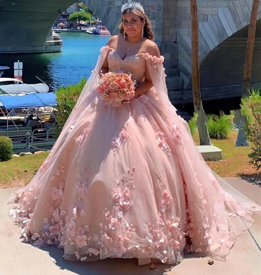 Wunderschönes rosa schulterfreies A-Linien-Ballkleid mit Applikationen für Sweet 16 Quinceanera, Geburtstagskleid, Abendkleid, Ballkleid DP6527