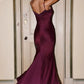 Robe de bal sirène glamour en satin bordeaux à fines bretelles et broderies de dentelle DP7910