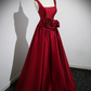 Red Satin Long Prom Dress with Flowers Elegant A-Line Enening Gown, DP2472