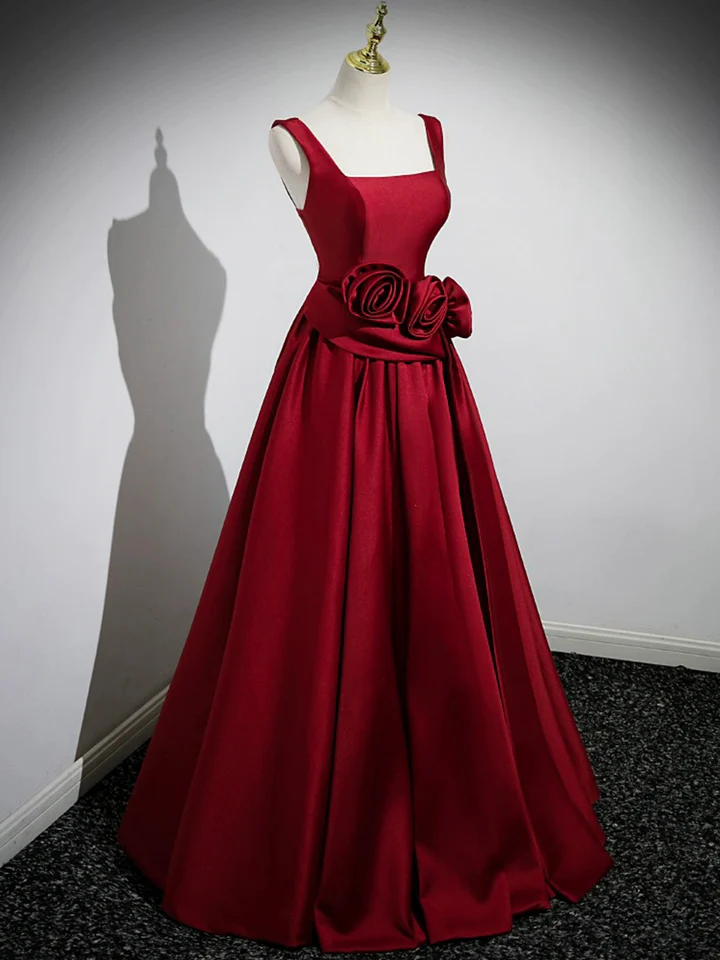 Red Satin Long Prom Dress with Flowers Elegant A-Line Enening Gown, DP2472