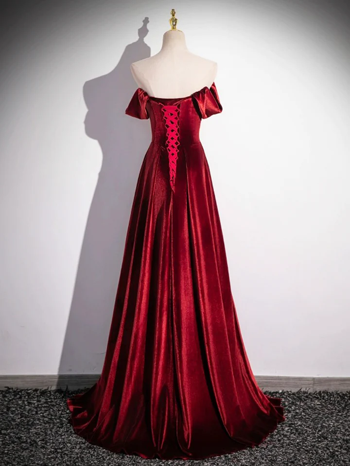 Burgundy Velvet Elegant A-Line Off Shoulder Formal Party Dress, DP2473