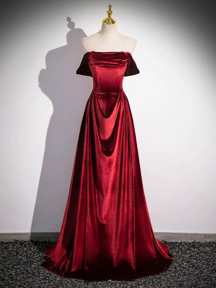 Burgundy Velvet Elegant A-Line Off Shoulder Formal Party Dress, DP2473