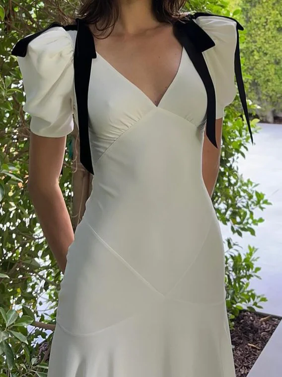 White V Neck Short Sleeves Sheath Long Prom Dress Evening Gown, DP3015