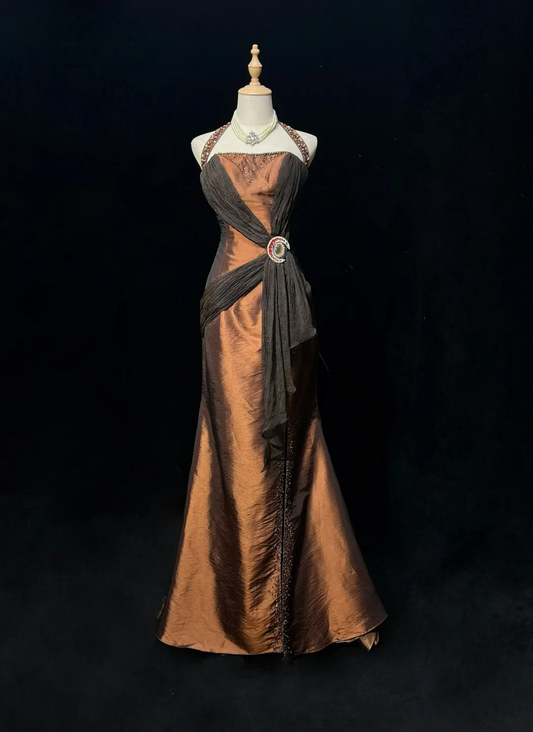 Brown Halter Neck Mermaid Beaded Satin Long Formal Prom Dress Evening Dress, DP5323