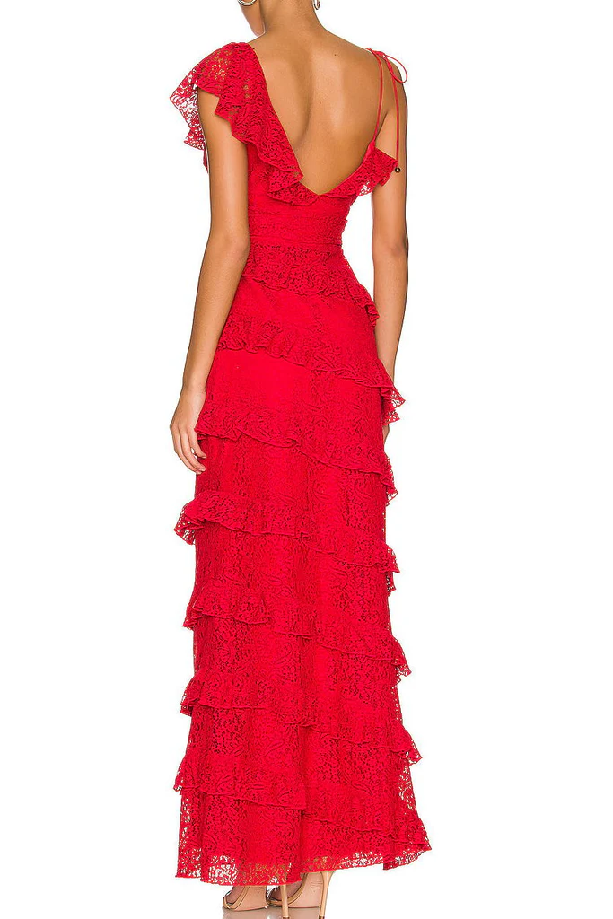 Charming Red V Neck Lace Tiered Long Party Dress, DP2698