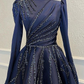 Navy Blue Satin Beaded Faux Muslim High Collar Ball Gown Formal Party Evening Gown, DP3494