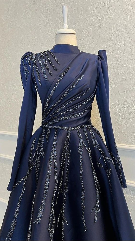 Navy Blue Satin Beaded Faux Muslim High Collar Ball Gown Formal Party Evening Gown, DP3494