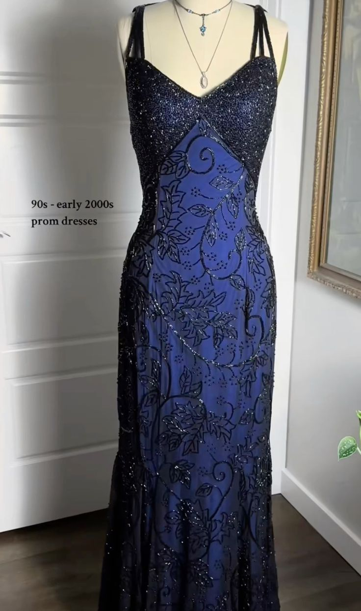 Dark Blue Straps Beading Mermaid Vintage Long Prom Dress DP3875