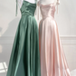 Green Straps Satin A-Line Long Party Dress Bridesmaid Dress, DP2956