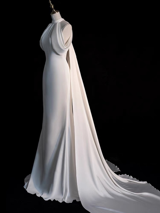 Gorgeous Halter Mermaid Long Party Dress Light Wedding Dress with Train, DP3445