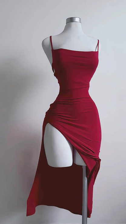 Charming Red Slit Cocktail Dress Midi Evening Party Dress, DP3398